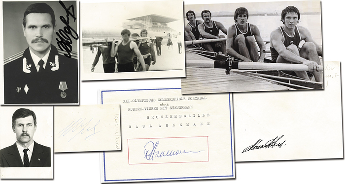 Bronzemedaille im Vierer ohne Steuermann für die die UdSSR. Mit vier original Signaturen: Raul Arnemann, Nikolai Kusnezow (Signatur Rückseite des Passfoto, Waleri Dolinin (1953-2021; Silber 1980); Anuschawan Gassan-Dschalalow (Signatur auf der Rückseite eines Fotos). KOMPLETTES TEAM!, 3 Fotos,1 Reprofoto und ein Blancobeleg, 15,5x10 bis 9x6 cm.