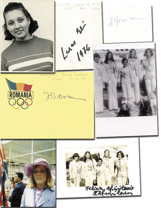 Rumänien Rudern Frauen OSS1976  | Bronzemedaille im Doppelvierer mit Steuerfrau im Rudern der Frauen für Rumänien bei den Oympischen Spielen 1976. Mit original Signaturen von Ioana Tudoran, Maria Mic?a, Felicia Afrasiloaie, Elisabeta Lazar Unterschrift auf der Rückseite des Fotos) und Elena Giurca (1946-2013). Verschiedene Belege 15x10 bis 10c7,5 cm. KOMPLETTES TEAM!.