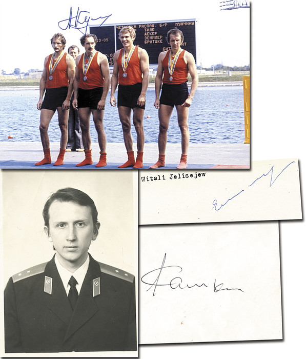 Silbermedaille im Rudern Vierer ohne Steuermann für die UdSSR bei den Olympischen Spielen 1980. Original Signaturen von Alexei Kamkin (S/W-Foto auf der Rückseite signiert), Alexander Kulagin, Witali Jelissejew. Foto, Reprofoto, Balncobeleg, 15x10,5 bis 11,5x9 cm.
