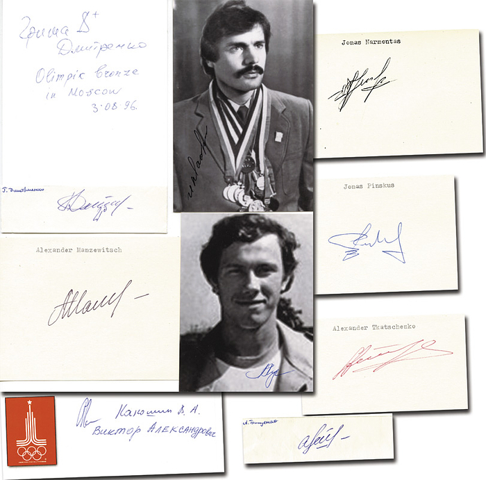UdSSR Rudern OSS1980  | Bronzemedaille im Rudern Achter für die UdSSR bei den Olympischen Spielen 1980. Original Signaturen von Wiktor Kakoschyn, Andrij Tyschtschenko, Oleksandr Tkatschenko, Jonas Pinskus, Jonas Narmontas, Andrej Luhin (Lugin), Oleksandr Manzewytsch (1960-2000), Ihar Majstrenka und Hryhorij Dmytrenko. Verschiedene Belege 15x10,5 bis 10,5x3 cm. KOMPLETTES TEAM!!.