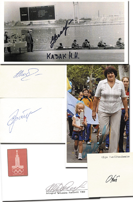 Silbermedaille im Rudern Doppelvierer mit Steuerfrau Frauen für die UdSSR bei den Olympischen Spielen 1980. Original Signaturen von 2x Antonina Pustowit, Jelena Matijewskaja, Olga Wassiltschenko, Nadeschda Ljubimowa und Nina Tscheremissina. Farbfoto, 2x Reprofotos und Blancobelege, 16x10 bis 10x6 cm. KOMPLETTES TEAM.