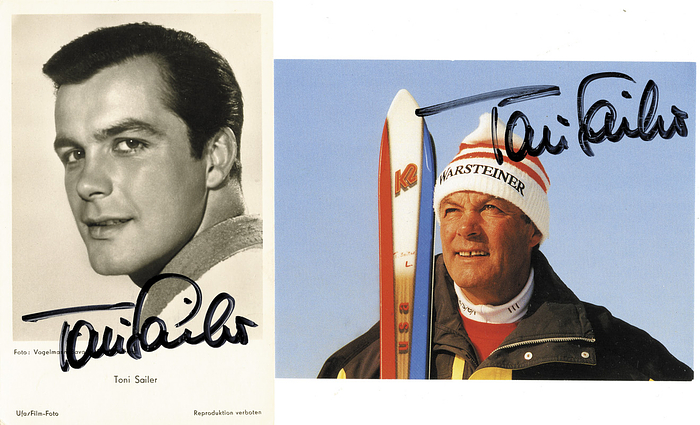Sailer, Toni  | (1935-2009) Zwei Autogrammkarten jeweils mit Originalsignatur von „Toni“ Sailer. Österreichischer Skirennläufer, Schauspieler und Sänger. Dreifacher österreichischer Goldmedaillengewinner im Ski-Alpin 1956 in Abfahrt, Slalom und Riesenslalom  bei den Olympischen Spielen 1956, je 14x9 cm.