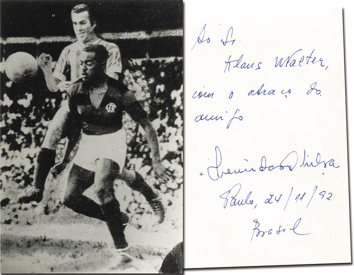 Leonidas  | (1913-2004) S/W-Reprofoto mit Widmung und Originalsignatur (datiert 24/11/92) von Leonidas. Brasiliens verstorbener WM-Torschützenkönig der Fußball - Weltmeisterschaft 1938. 15x10 cm Selten!.