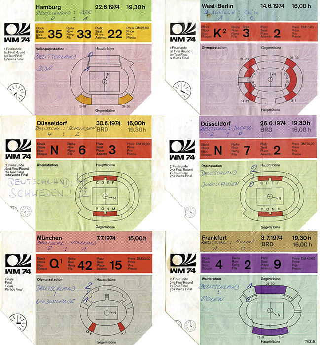 FIFA World Cup 1974. 6 Tickets German Matches - 6 different tickets from the DFB matches at the 1974 World Cup. Germany vs. 1) Chile, June 14, 2) East Germany, June 22, 3) Yugoslavia, June 26, 4) Sweden, 5) Poland, July 3, 6) Final vs. Holland, July 7. Each 15x10.5 cm. --Only the ticket for the preliminary round match against Australia is missing, otherwise complete! --Tickets are bent; all with handwritten match pairings Condition: C