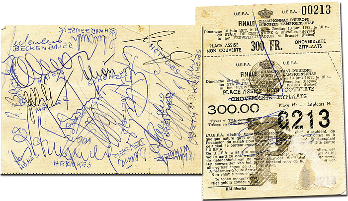 Ticket: UEFA Euro Final 1972 Germany v USSR - Final of the 1972 UEFA European Football Championship, Germany vs. the USSR, on June 18 in Brussels. 12x9cm. COMPLETE TICKET!!! On the back: 16 original signatures of the players of the DFB national team that won the European Championship! --Complete ticket, an absolute rarity! With all the signatures of the final team: Sepp Maier – Franz Beckenbauer – Horst-Dieter Höttges, Georg Schwarzenbeck, Paul Breitner – Herbert Wimmer, Günter Netzer, Uli Hoeneß – Jupp Heynckes, Gerd Müller, Erwin Kremers. The front features a signature. -Rubbed; paper remnant at the bottom right. Condition: C