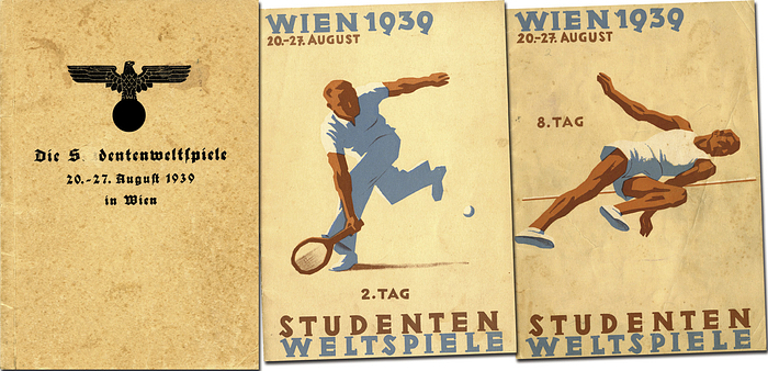 Students World Games 1939 Vienna Report+ programm - World Student Games 1939 Vienna, August 20-27. 1) Official report. 64 pages with approximately 40 black-and-white photos and statistics. Cardboard, 20.5 x 14.5 cm. Photos and statistics from the competitions. Extremely rare! --Cover loose; some pages loose. 2) Two-day programs. Days 2 and 8. 12 pages each, 14.5 x 21.5 cm, cardboard. Condition: C