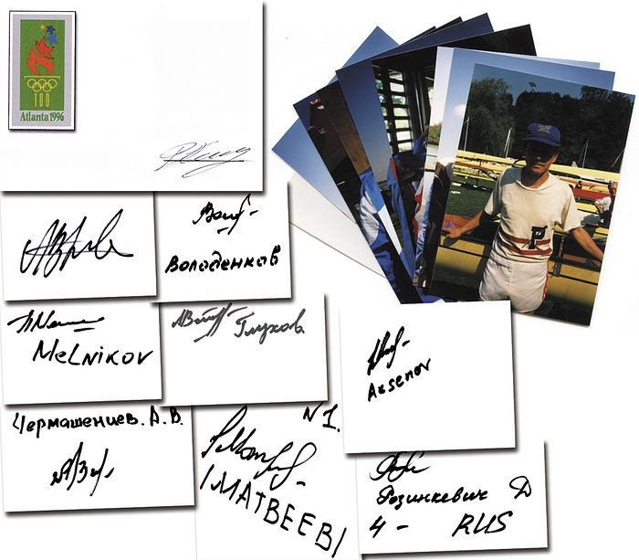 Sorry, no english description is available. ... Olympic Games 1996 Autograph Rowing Russia -  Condition: A-.....Selten! Face-to-face Autographen. Dabei acht Farbfotos und ein Reprofoto von Montschenko.