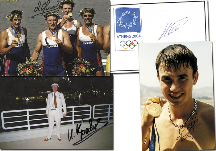Goldmedaille im Rudern Doppelvierer Rußland bei den Olympischen Spielen 2004. Original Signaturen von Sergei Fedorowzew, Igor Krawzow, Alexei Swirin und Nikolai Spinjow. 3x Fotos und ein Blancobeleg, 15x10 cm. KOMPLETTES TEAM!.