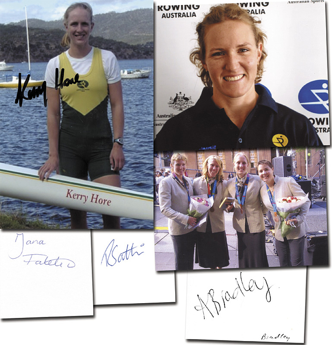 Bronzemedaille im Rudern Frauen Doppelvierer Australien bei den Olympischen Spielen 2004. Original Signaturen von Dana Faletic,  Rebecca Sattin, Kerry Hore und Amber Bradley. Foto und drei Blancobelege, 15x10 bis 9x8 cm. KOMPLETTES TEAM!.