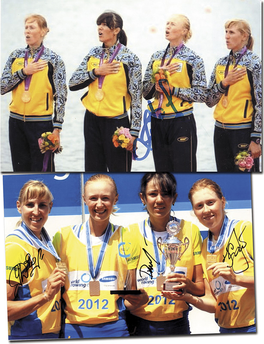 Ukraine Rudern OSS2012  | Goldmedaille im Rudern Frauen Doppelvierer Ukraine bei den Olympischen Spielen 2012. Original Signaturen von Kateryna Tarassenko, Natalija Dowhodko, Anastassija Koschenkowa und Jana Dementjewa. 2x Fotos, je 15x10  cm. KOMPLETTES TEAM!.