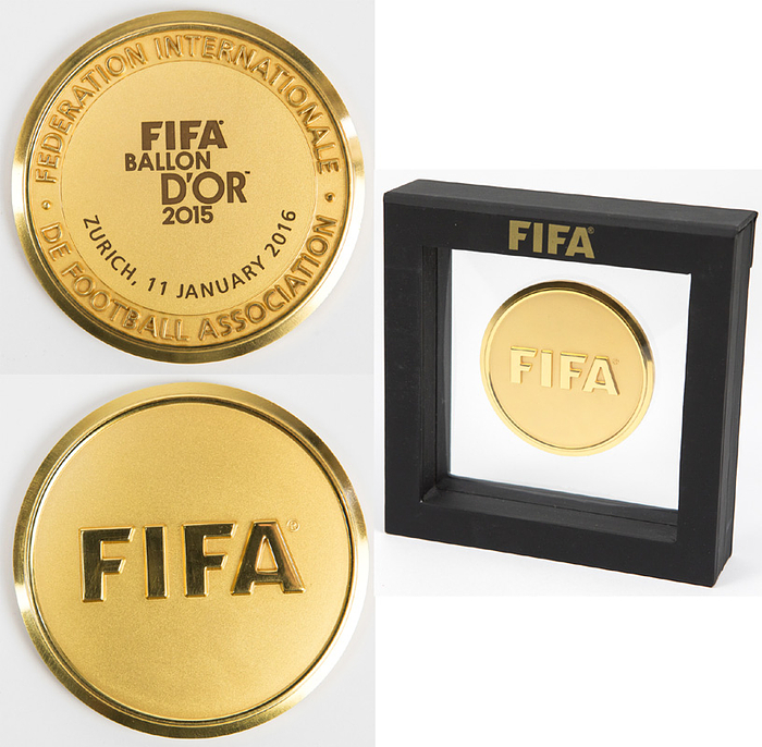 FIFA medal 2015 Ballon d´Or Lion Messi - Official participation badge "FIFA Ballon D'Or 2015. Zuroch, 11 January 2015". Bronze, gold plated, 7 cm. In original case. Was given to participants who took part at the presentation of the World Footballer in Zurich 2015. Lionel Messi was World Footballer in 2015. Was given to FIFA and FA officials. Condition: A
