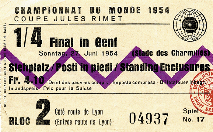 FIFA World Cup 1954. Ticket Yougoslavia v Germany - Qarter Final (2-0). Geneve, June 27th, 1954. Size 9.5x6cm. Condition: B
