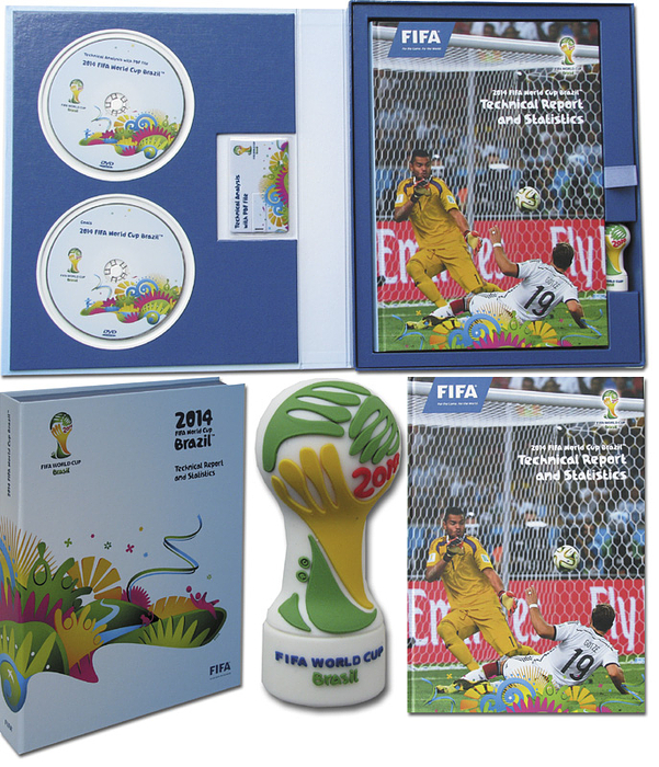 Technical Report and Statistics. 2014 FIFA World Cup Brasil (seltene Hardcoverausgabe!!!) mit zwei original DVD-Kasssette "Technical Analysis  with PDF File and Goals" und zwei Computer Sticks (einer in der Form eines Pokals. Alle in original Kassette 32x25,5 x4,5 cm.