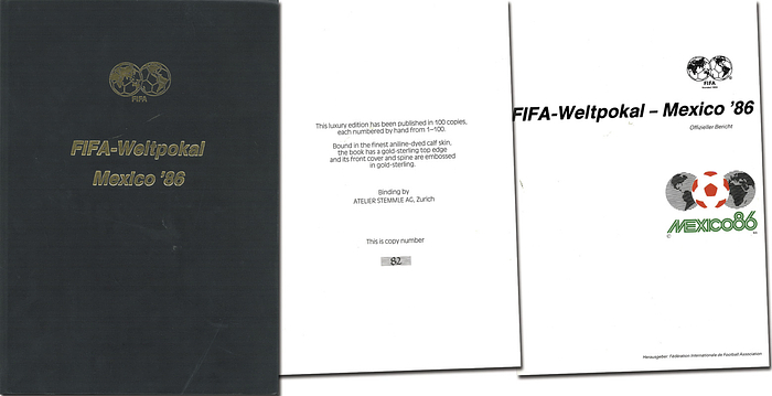 World Cup 1986. Official FIFA-Report. Limited edi - FIFA World Cup - Mexico 1986. Official report. Leather sibscription edition for FIFA officials only. Numbered copy. No 82 of 100. Official FIFA report about the World Cup. For FIFA officials only. Only 100 copies were produced. Leather, gilt edge and gold embossing. Rare. Slightly abraded. 240 pages, 22 x 30 cm, leather, many colour photos, FIFA, Zurich 1986. Condition: B