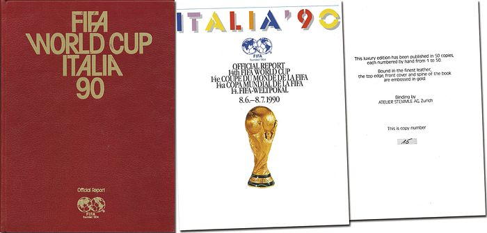 FIFA World Cup Italia 90  | FIFA World Cup Italia 90. Official Report. Vorzugsausgabe in Leder nur für FIFA-Funktionäre. Nummeriertes Exemplar No. 15 von 50 Exemplaren.