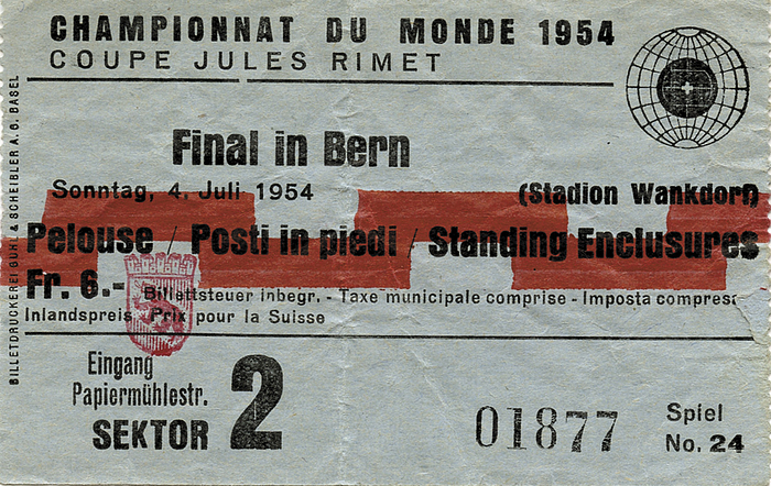 Eintrittskarte WM1954  | Finale in Bern, 4.Juli 1954, (Deutschland - Ungarn 3:2). 9,5x6cm.