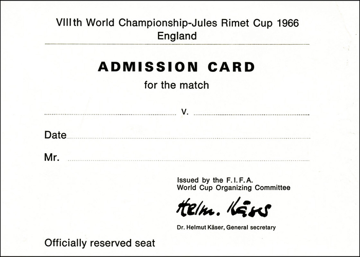 Admission Card for the match…… Issued by the FIFA World Cup Organizing Committee. Officially reserved seat. Karton, 15x10,5 cm. Unbenutzt!.