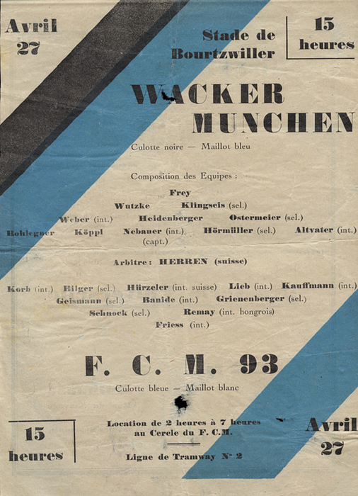 Wacker München - F.C.M. 93. Stade de Bourtzwiller 27 Avril (ca.1928). (Offizielles Fußball - Programm).