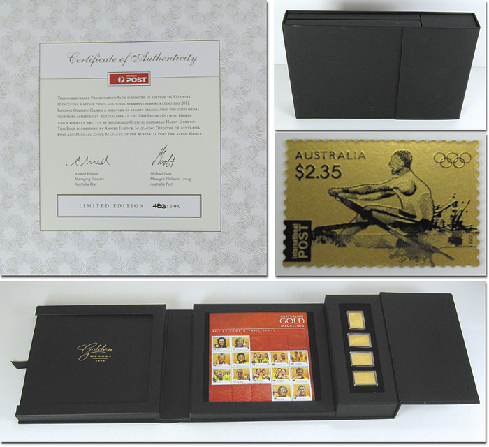 Golden Heros 2008. Limitierte Lederkassette der australischen Post mit dem Sonderblock "Australische Goldmedaillengwinner der Olympische Spiele Peking 2008" und vier Goldfolien Briefmarken. Mit Begleitbuch mit den Biografien der australischen Goldmedaillengewinner 2008. Nummeriertes Exemplar 486 von 500 Exemplaren.