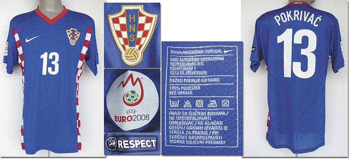 Kroatien - Trikot 2008 EM  | Original match worn Spielertrikot von Kroatien mit der Rückennummer 13. Getragen von Nikola Pokrivac im EM 2008 Spiel am 16.06.2008 gegen Polen. Polen - Kroatien 0:1. Status:AAC.
