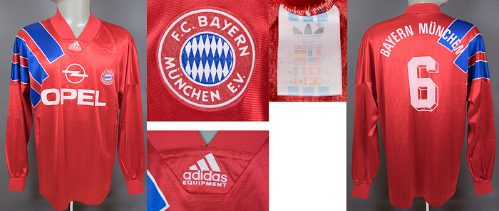 Original match worn Spielertrikot von FC Bayern München mit der Rückennummer 6. Getragen in einem Spiel der Fußball Bundesliga in der Saison 1992/1993.  Status:ABA.