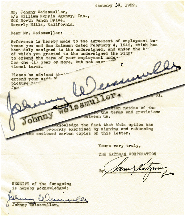 Autograph Olympia 1924+28. Johnny Weissmueller - (1904-1984) Original signature on a typewritten letter to Johnny Weissmüller. Multiple Olympic swimming champion (1924 and 1928) and later Tarzan actor. 22 x 19 cm. --Johnny Weismüller confirms with his signature (receipt of foregoing is hereby acknowledged) that he has read the letter. Condition: B