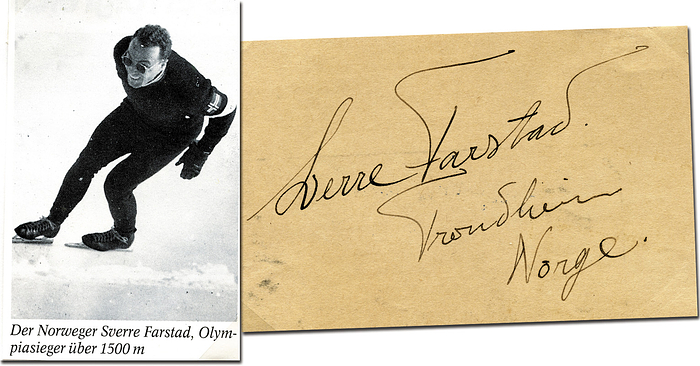 Sorry, no english description is available. ... Autograph Olympic Games speedskating 1948 Norway -  Condition: A-.....aufgesteckt auf DIN-A4 Sammlerblatt mit einem S/W-Magazinbild (8x5 cm).