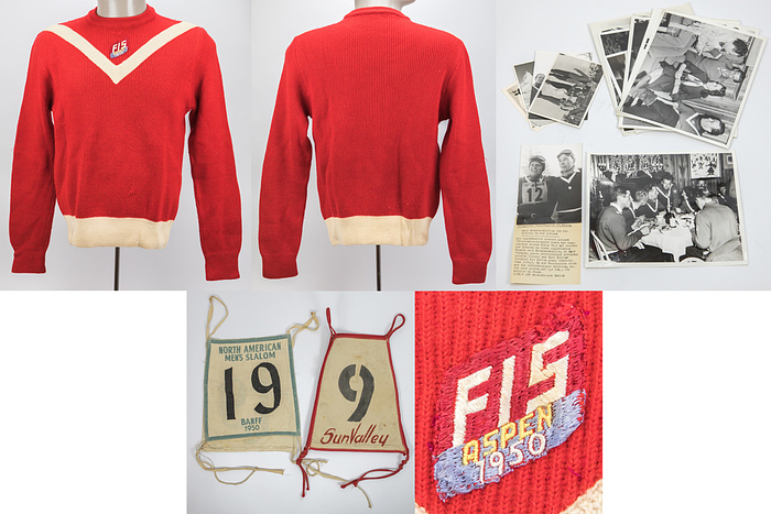 Sammlung des schweizer Bronzemedaillengewinners in der Abfahrt bei den Olympischen Spielen 1948 Ralph Olinger (1924-2006) und Teilnehmer an Alpinen Weltmeisterschaft 1950. 1) Offizieller Skipullover der schweizer Mannschaft für Ski Weltmeisterschaft 1950 in Aspen. Wurde von Olinger bei den Wettkämpfen in Aspen getragen. Rot-weiße Wolle mit aufgesetzten bestickten Logo "FIS Aspen 1950". Oben am Kragen eingesteckter Schriftzug "OLI" für Olinger. Größe ca. 50. Kleine Beschädigungen, Ziehfäden. Wappen der Schweiz wurde von olinger entfernt. 2) Startnummer mit der Nummer "9" und der Aufschrift "Sun Valley" für den Harriman Cup 1950 (Wurde 1937 bis 1965 ausgetragen. Es zählte in dieser Zeit zu den bedeutendsten und anspruchsvollsten Skirennen in den Vereinigten Staaten und war neben den stärksten nordamerikanischen Skirennläufern auch regelmäßig mit den besten Athleten aus Europa besetzt), Leinen 29x25 cm. 3) Startnummer mit der "19" für "North American Men´s Slalom Banff 1950". Leinen, 25x24 cm. 4) 16 S/W-Fotos von der FIS Ski WM 1950 mit hauptsächlich Schweizer Teilnehmern und ein Foto von den Olympischen Spielen 1948 (Olinger + Moliter), 25x20,5 bis 15x10,5 cm.