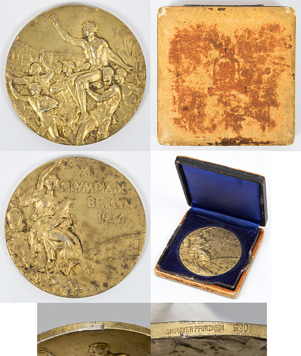 Siegermedaille 1936  | Siegermedaille in Gold „XI.Olympiade Berlin 1936“ von Ernst Ihbe (1913 - 1992; GER) für den  1. Platz in 2000 m Tandem Sprint mit Carl Lorenz. Mit Punze des Herstellers „B.H.Mayer, Pforzheim 990“. Silber (gepunzt, 990er, Gewicht: 74 Gramm), vergoldet, 5,5 cm im original Lederetui mit geprägtem Deckel.