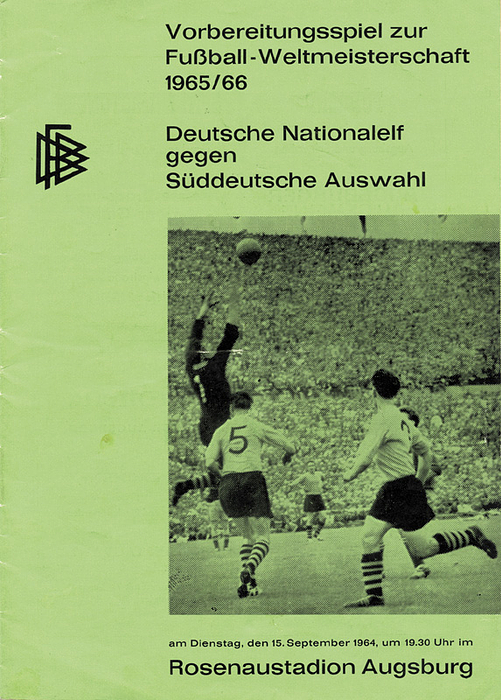 Programm LS1964  | Testspiel  Deutschen Nationalmanschaft - Süddeutsche Auswahl, 15.9.1964 im Rosenausatadion Augsburg. Vorbereitungsspiel zur Fußball - Weltmeisterschaft 1965 / 1966. (Offizielles Programm).