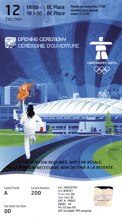 Olympic Games 2010. Ticket Opening Ceremony - Vancouver, 12th febuary.  Size 22x10 cm --folded Condition: B