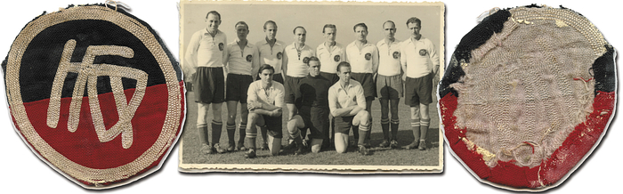 Sorry, no english description is available. ... Football Badge. Karlsruher FV approx. 1946 -  Condition: A.....Dabei: Mannschafts - Postkarte des Karlsruher FV aus dem Jahre 1946-1947 mit dem Vereinswappen auf dem Trikot. Stoffabzeichen kommt aus dem Nachlass des ehemaligen Spielers des Karlsruher FC Kurt Ehrmann (1922-2013). In den frühen Jahren "überlebten" meistens nur die bestickten Vereinswappen der Trikots. Die Trikots waren durch häufigen Spieleinsatz, Reperaturen und durch häufiges Waschen meistens völlig zerschlissen, sodaß diese nur noch als Putzlappen taugten!.