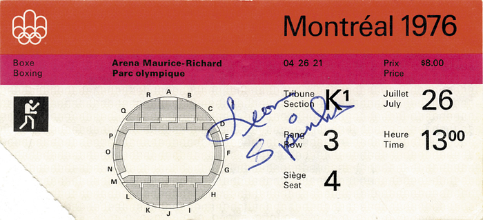 Boxing autograph Leon Spinks Olympic Games 1976 - Ticket from the 1976 Olympic Games for the round of 16 in the light heavyweight division on 26 July with original signature of Leon Spinks (1953-2021; USA), former world heavyweight champion 1978 (against Muhammad Ali) and Olympic champion 1976 in the light heavyweight division. 15x7 cm. Spinks won his round of 16 fight on 26 July. Ticket creased. Condition: A
