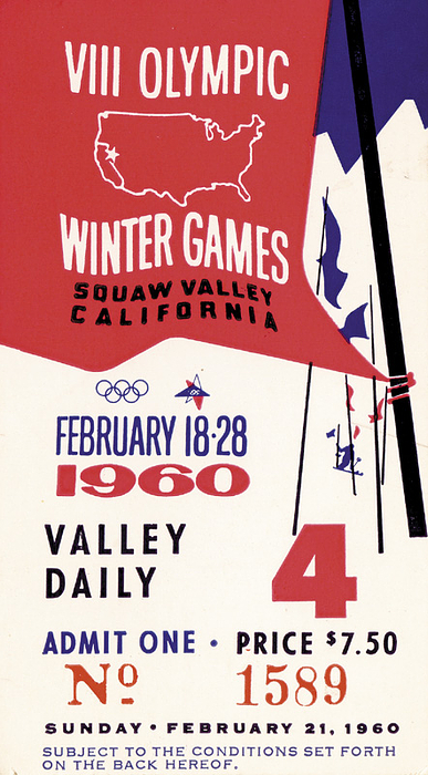 Eintrittskarte OSW1960  | Offizielles Tagesticket für die Olympischen Winterspiele 1960 in Sqauw Valley. 28.2.1960. 9x5 cm.