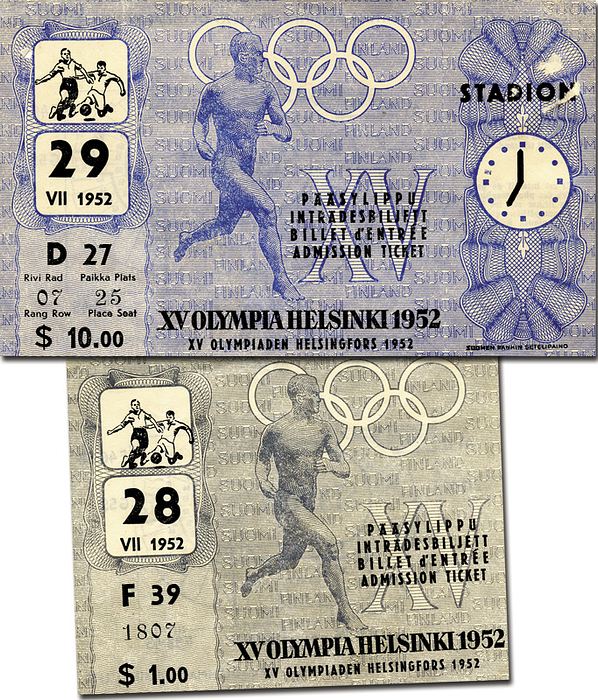 Olympic Games 1952. Two Tickets Football - 1. 28th july semi-final hungary vs Sweden and 2. 29th july semi-final Yugoslavia vs Germany, size each 11x9cm + 15x9 cm Condition: B