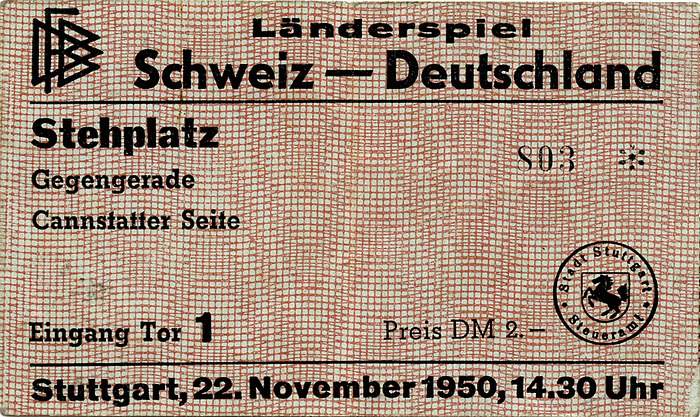 Sorry, no english description is available. ... Football Ticket: Germany vs Switzerland 1950. -  Condition: B-.....Sehr seltene Eintrittskarte vom ersten deutschen Nachkriegsländerspiel! -- geknickt,.