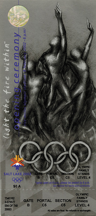 Ticket: Olympic Games 2002.Opening ceremony - Ticket Olympic Games Salt Lake City 2002 Opening Cermony Feburary 8th. 9.5x21 cm. Complete ticket, Condition: A