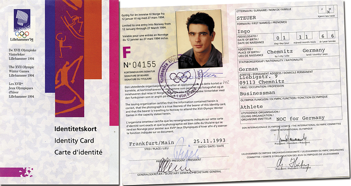 Olympic Winter Games 1994 ID-Card figure skating - Ingo Steuer (GER) bronze medalist in pairs figure skating at the 1998 Olympic Games. Also world champion in 1997. Original Olympic ID card of Ingo Steuer Luck for the Winter Olympics in Lillehammer with photo and original signature of Steuer, cardboard, 4 pages, 14x9 cm. --Ingo Steuer competed with Mandy Wötzel in pair skating at the 1994 Olympics and were considered medal contenders. Due to an injury to Mandy Wötzel, both were eliminated from the competition. Condition: A-