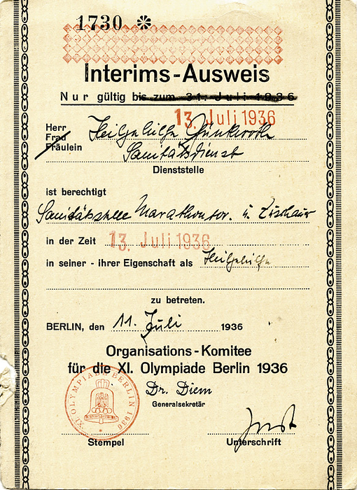 Ausweis OSS1936  | Offizieller Ausweis für die XI.Olympische Spiele Berlin 1936. "Interims-Ausweis" Nr. 1730. Nur gültig für den 13.7.1936 im Olympiastadion. 15x11 cm.