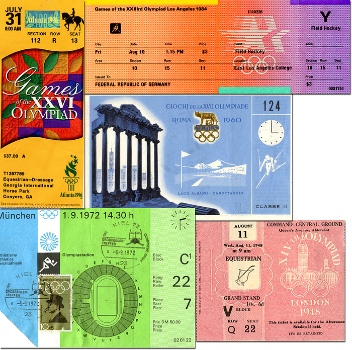 Olympic Games 1948 - 1996 5 tickets - 5 different tickets from the Olympic Games 1948, 1960, 1972, 1984 and 1996. Condition: B-C