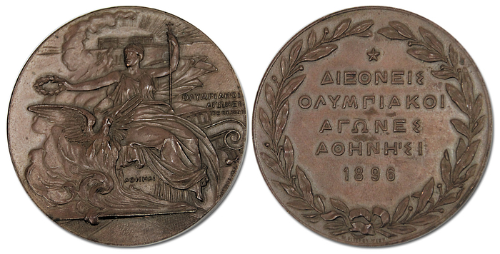 Teilnehmermedaille 1896  | Teilnehmermedaille für die ersten Olympischen Spiele der Neuzeit 1896 in Athen. Entwurf N.Lytas. Bronze, 5cm.