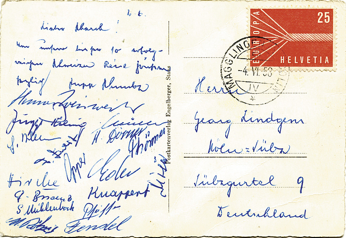 Köln,1.FC - 1958  | Postkarte des 1.FC Köln aus dem Trainigslager in der Schweiz 1958 mit 17 original Signaturen der Spieler: Trainer Hennes Weisweiler, Bisanz, Jupp Röhrig, Dörner, Fendel, Hirche, M.Röhrig, Mühlenbrock, Pfeiffer, Walter Müller, Wilden, Rudolf Eder, Werner Opper (selten!) u.a. 15x10,5 cm, gestempelt am 4.6.1958.