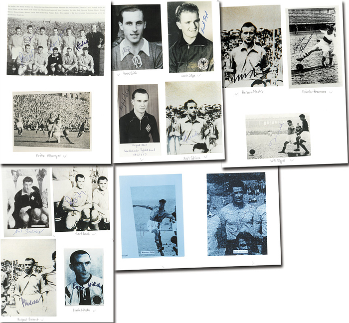 Saarland 1950-1956  | Sammlung von Nationalspielern des Saarlandes. 15 Autogammbelege (reproduzierte Fotos) mit insgesamt 20 Signaturen. 12x7 bis 15x10,5 cm.