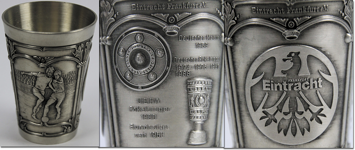 Zinnbecher (Höhe: 8,5 cm) mit Vereinswappen von Eintracht Frankfurt und den Erfolgen der Eintracht bis 1989. Hersteller: "Zinn Becker" ca. 1990.