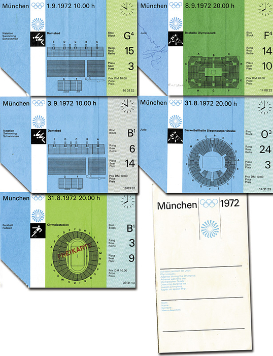 Olympic Games Munich 1972 5 Ticket - 5 different tickets for the 1972 Munich Olympic Games. Football, 2 swimming, 2 judo, each 15x10.5 cm. Includes an original ticket folder, 20x11 cm. Condition: A-