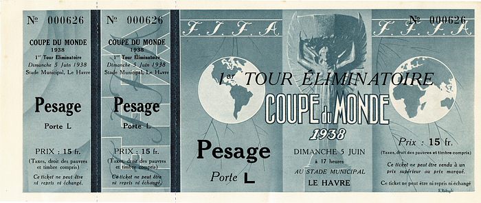 Eintrittskarte WM1938  | 1er Tour Eliminatoire Tchécoslovaquie - Hollande (3:0). Dimanche 5 Juin 1938. Stade Municipal du Havre. (Tschechoslowakei -Holland am 5.6.1938). 24x10 cm. Komplettes Ticket!.