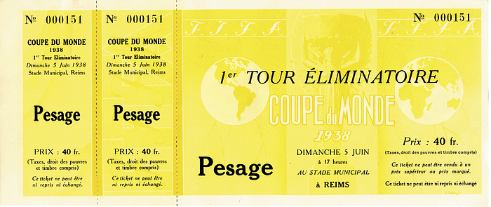 World Cup 1938. Ticket Hungary - Dutch India - 1er Tour Eliminatoire Hungary - Dutch India (6:0). Dimanche 5 Juin 1938. Reims, Stade Municipal. Coupe du Monde 1938, 24x10.5 cm. --Very rare ticket for the only match in Reims during the 1938 FIFA World Cup, complete with all tags. Only 9,091 spectators! --Reverse of ticket slightly stained Condition: A-