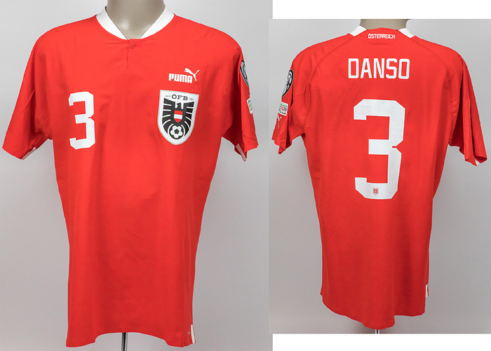 Original match worn Spielertrikot von Österreich mit der Rückennummer 3. Getragen von Kevin Danso am 13.10.2023 im Qualifikationsspiel zur Fußball Europameisterschaft gegen Belgien. Österreich - Belgien 2:3.Status:AAB.