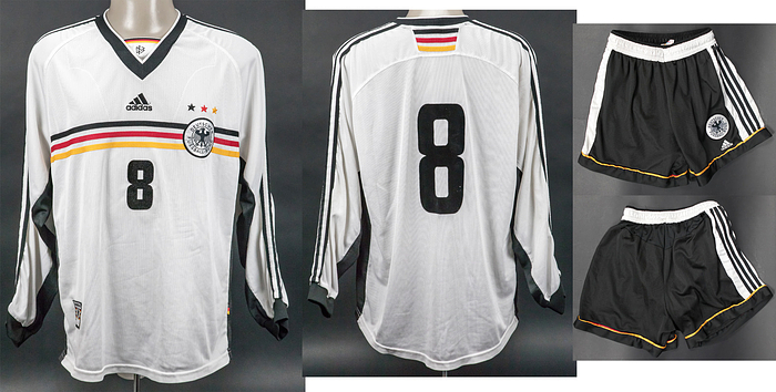 matchworn football shirt Germany 1999 - Original match-worn Germany shirt and shorts with the number 8. Worn by Ulf Kirsten on November 14, 1999, in a friendly against Norway. Norway - Germany 0:1. Status: AAC --Long-sleeved jersey; size XL; DFB logo, 3 World Cup stars, and adidas logo embroidered; flocked back numbers (front and back); adidas; shorts with inner shorts and elastic waistband; size 8; DFB logo and adidas logo embroidered; adidas. Condition: A