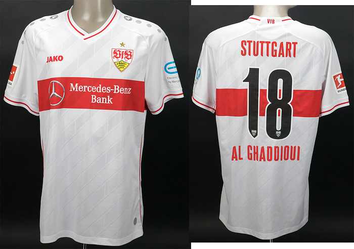 Original match worn Spielertrikot vom VfB Stuttgart mit der Rückennummer 18. Getragen von Hamadi Al Ghaddiou in einem Spiel der Fußball Bundesliga in der Saison 2020/2021. Status:ABC.